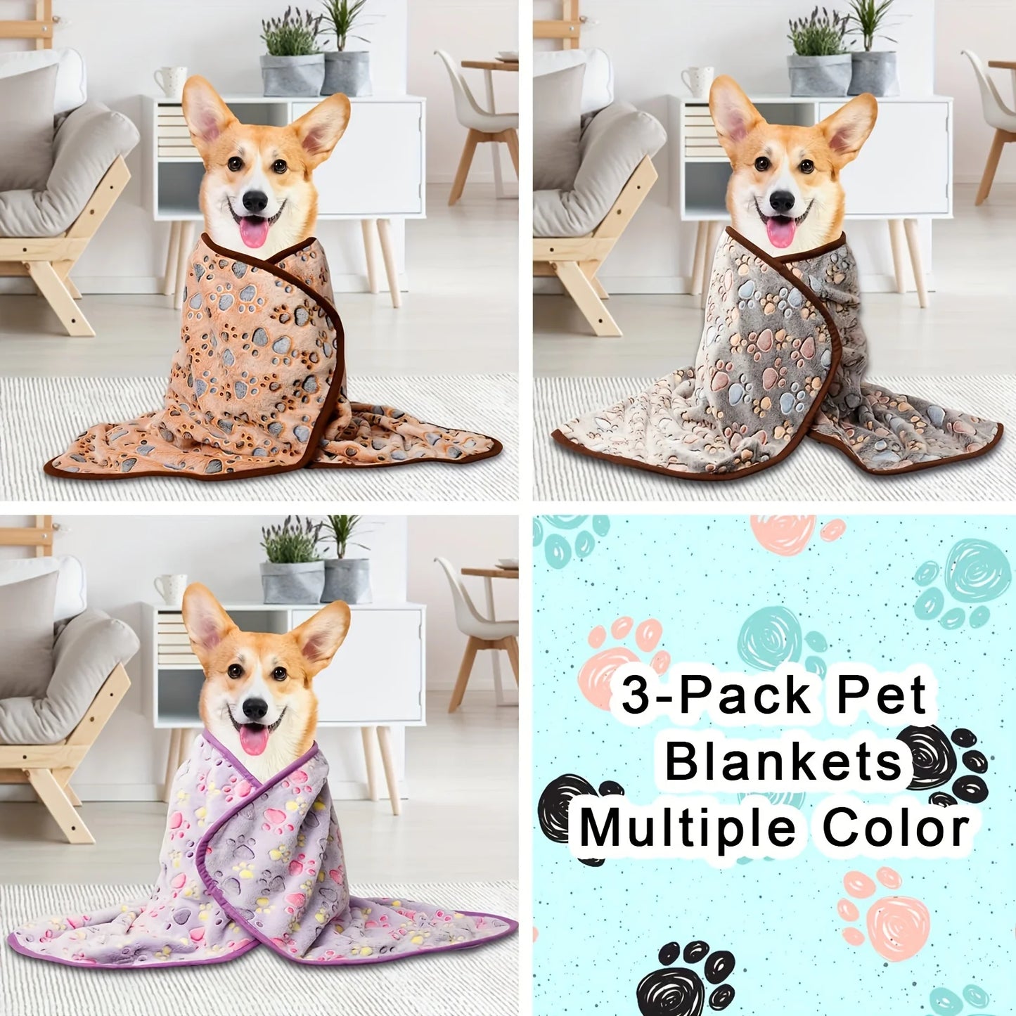 3pcs Dog Paw Print Pet Blankets, Soft Coral Fleece, Cozy Polyester Fiber Fill, All-Season Warmth, with Ideal for Extra Small