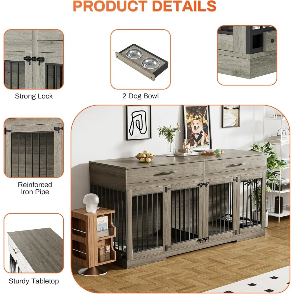 72" Dog Crate Furniture for 2 Dogs, Large Dog Kennel Furniture with 2 Storage Drawer and Removable Divider, Wooden Dog Cage