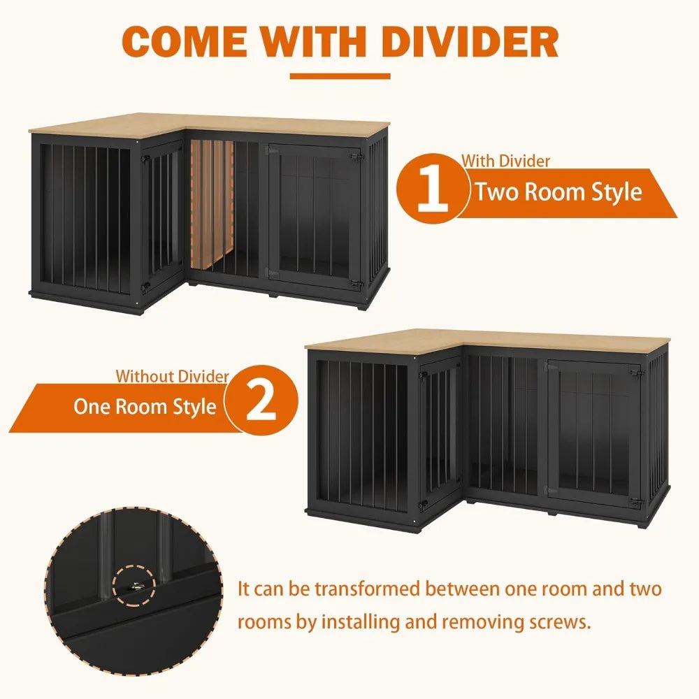 Corner Dog Crate Furniture for 2 Dogs, Indoor Wooden Furniture Style Heavy Duty Large Dog Kennel House with Double Rooms