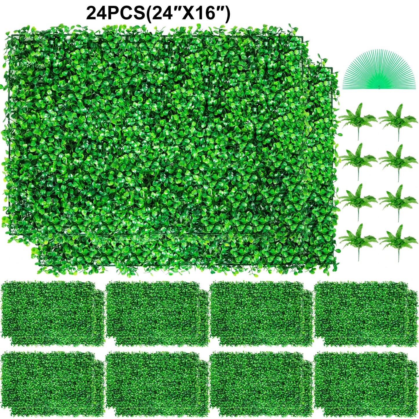 SucceBuy Artificial Boxwood Panel UV 24pcs 20x20/24x16 in Boxwood Hedge Wall Panels Artificial Grass Backdrop Wall Green Grass