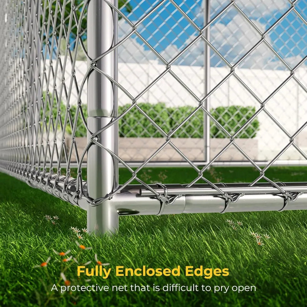 10 x 15FT Large Outdoor Dog Kennel with Bowls, Dog Kennel Outside with Waterproof Cover Roof, Galvanized