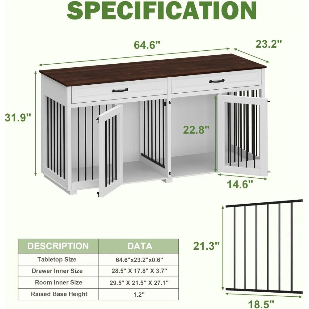 Furniture Dog Crate, Heavy Duty Wooden Cage Furniture, Indoor Dog Kennel with Drawers & Removable Divider, Luxury
