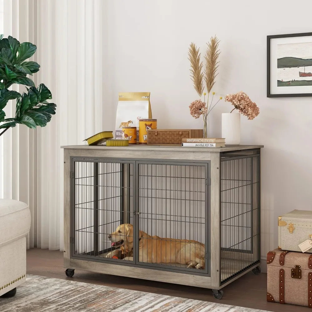 Dog Crate Furniture, Wooden Dog Crate Table, 43.7" Dog Kennel with 3 Doors, Flip-up Top Opening and Wheels, Decorative Pet Crat
