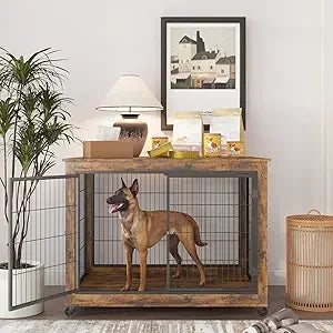 Dog Crate Furniture, Wooden Dog Crate Table, 43.7" Dog Kennel with 3 Doors, Flip-up Top Opening and Wheels, Decorative Pet Crat