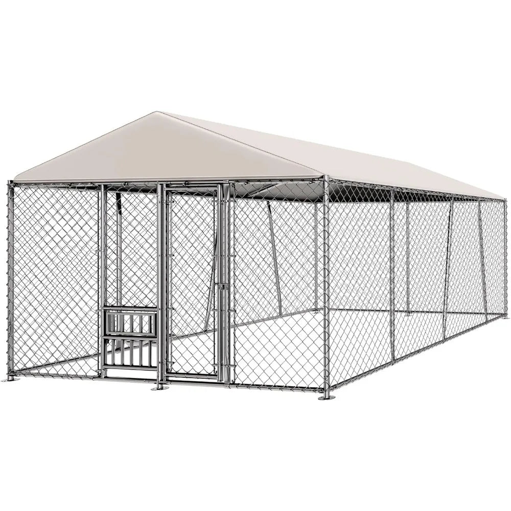 10 x 15FT Large Outdoor Dog Kennel with Bowls, Dog Kennel Outside with Waterproof Cover Roof, Galvanized