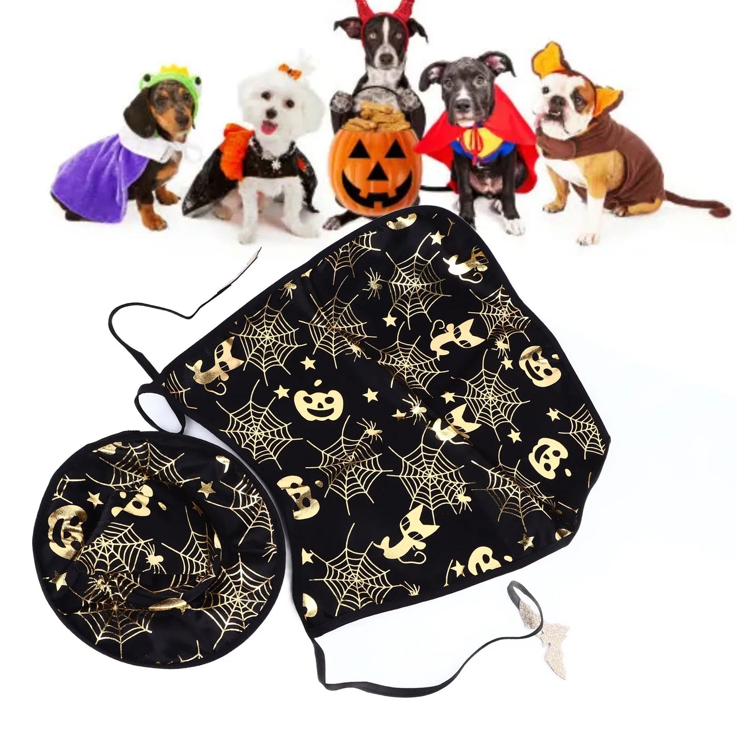 Halloween Pet Pumpkin Cape Set Spiderweb Pattern Adjustable Mysterious Pet Costume Set for Pet Gatherings