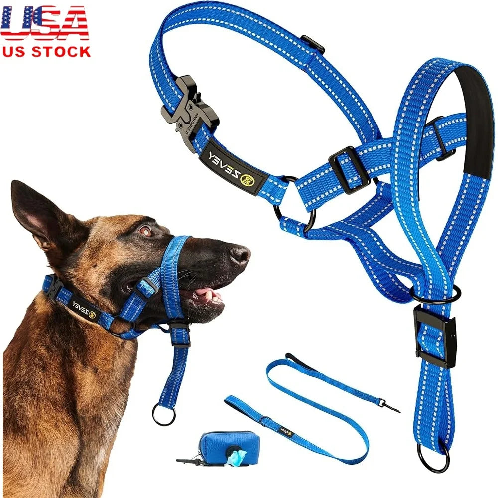 Dog Headcollar with Leash Safety Strap Prevents Pulling Adjustable Comfortable Fit Reflective Nylon Buckle Design Ideal Dogs