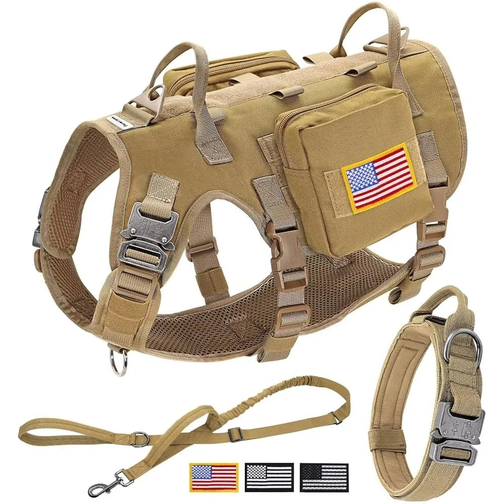 Tactical Dog Harness Large Breeds No Pull Military Collar Bungee Leash Set with MOLLE Backpack Outdoor Training