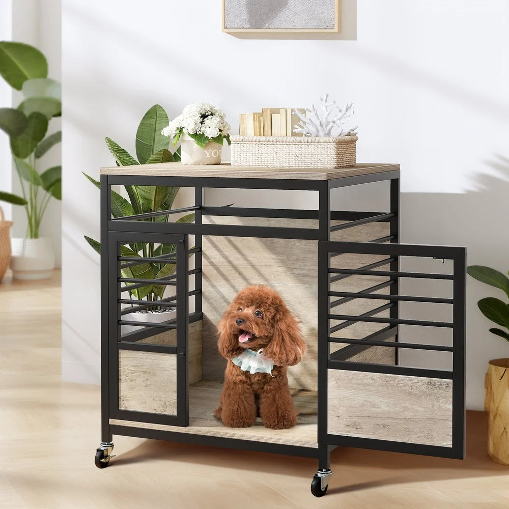 Wooden Dog Crate Furniture with Wheels Indoor Dog House Small Medium Dogs Durable Chew-Proof Design Easy Assembly
