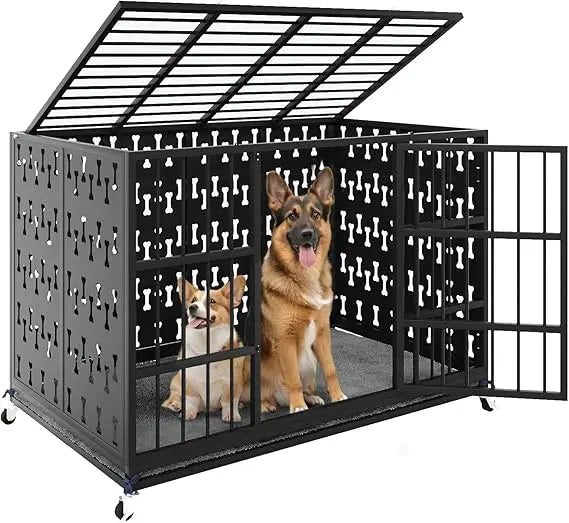 48/42 inch indestructible heavy duty dog crate with cushion, high anxiety extra large dog cage for large dogs, xl steel escape