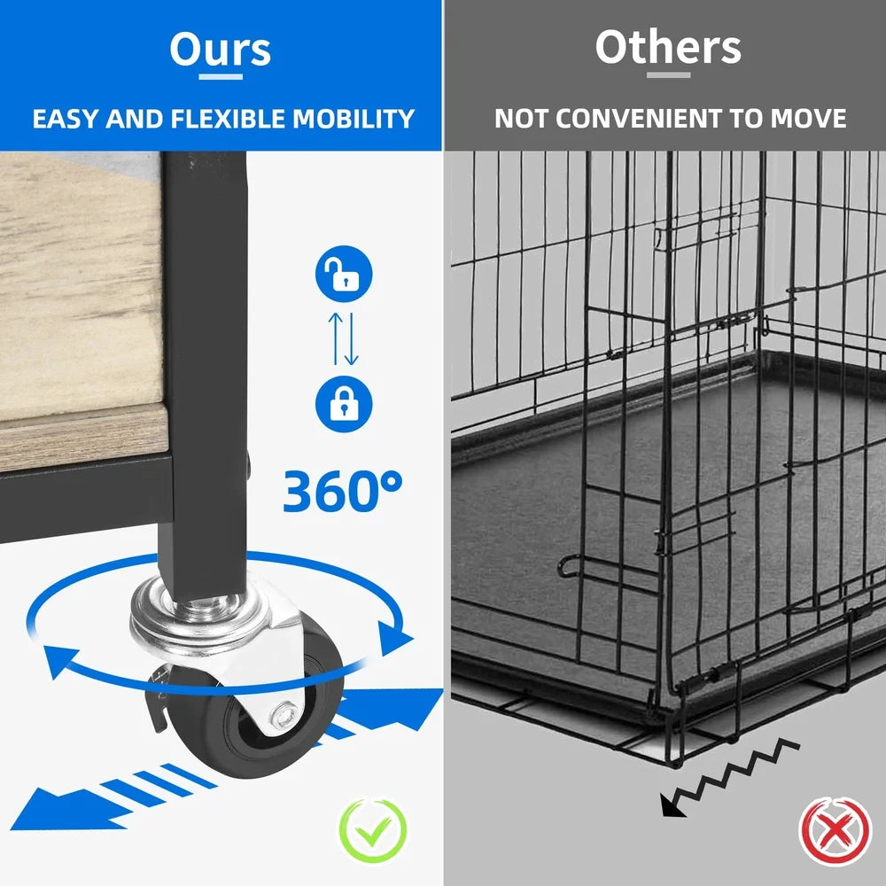 Wooden Dog Crate Furniture with Wheels Indoor Dog House Small Medium Dogs Durable Chew-Proof Design Easy Assembly