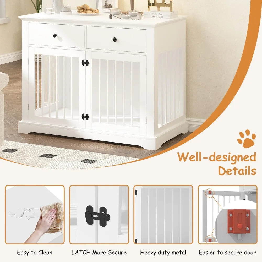 Masterpiece Dog Crate Furniture, 44 Inch Wooden Dog Kennel Indoor With 2 Storage Drawers, Heavy Duty Large Crate Furniture, Dec