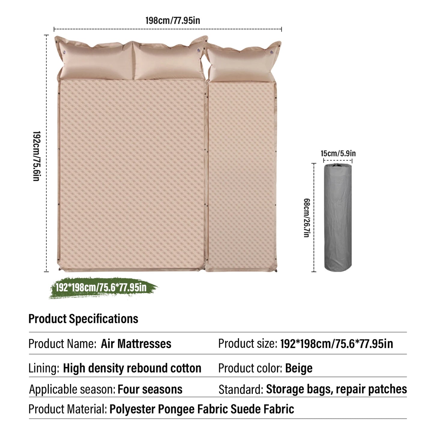 Camping Air Mattresses Inflatable Sleeping Mat Portable 3 Person Insulated Camping Pad with Pillow for Travel, Traveling,