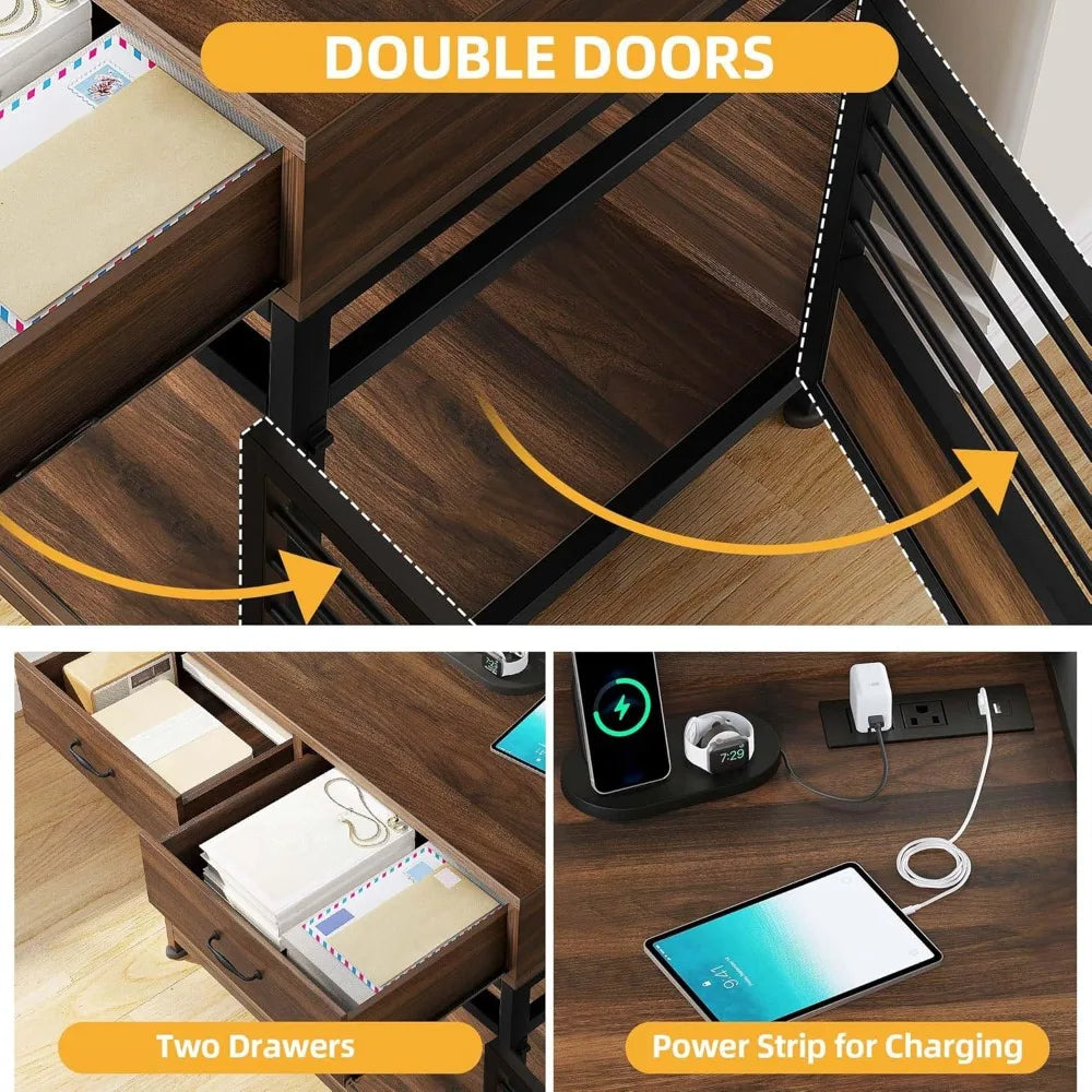 39" Dog Crate Furniture with Storage Shelves - Heavy Duty Kennel with Drawers, Charging Station & Double Doors, for Large Dogs