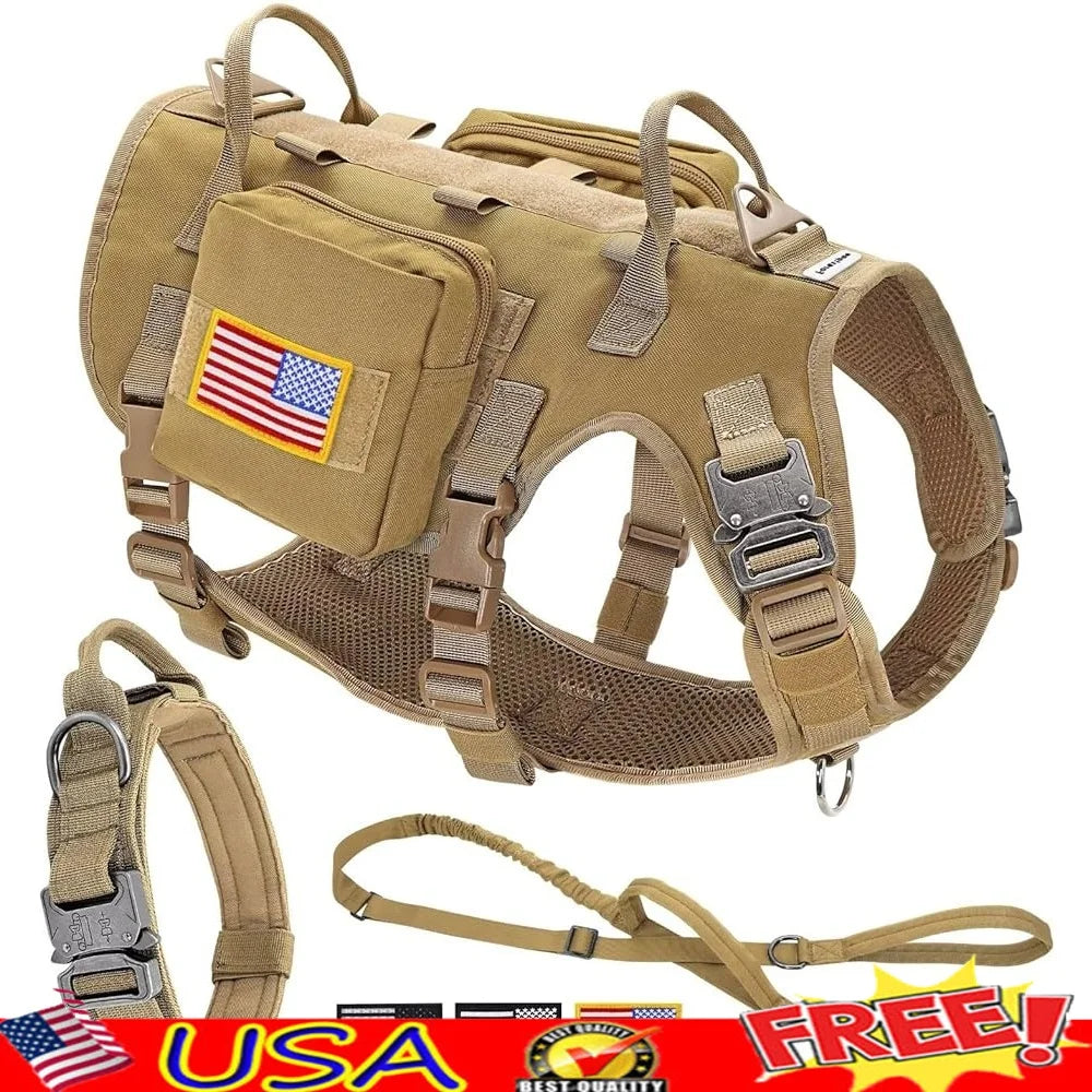 Tactical Dog Harness Large Breeds No Pull Military Collar Bungee Leash Set with MOLLE Backpack Outdoor Training