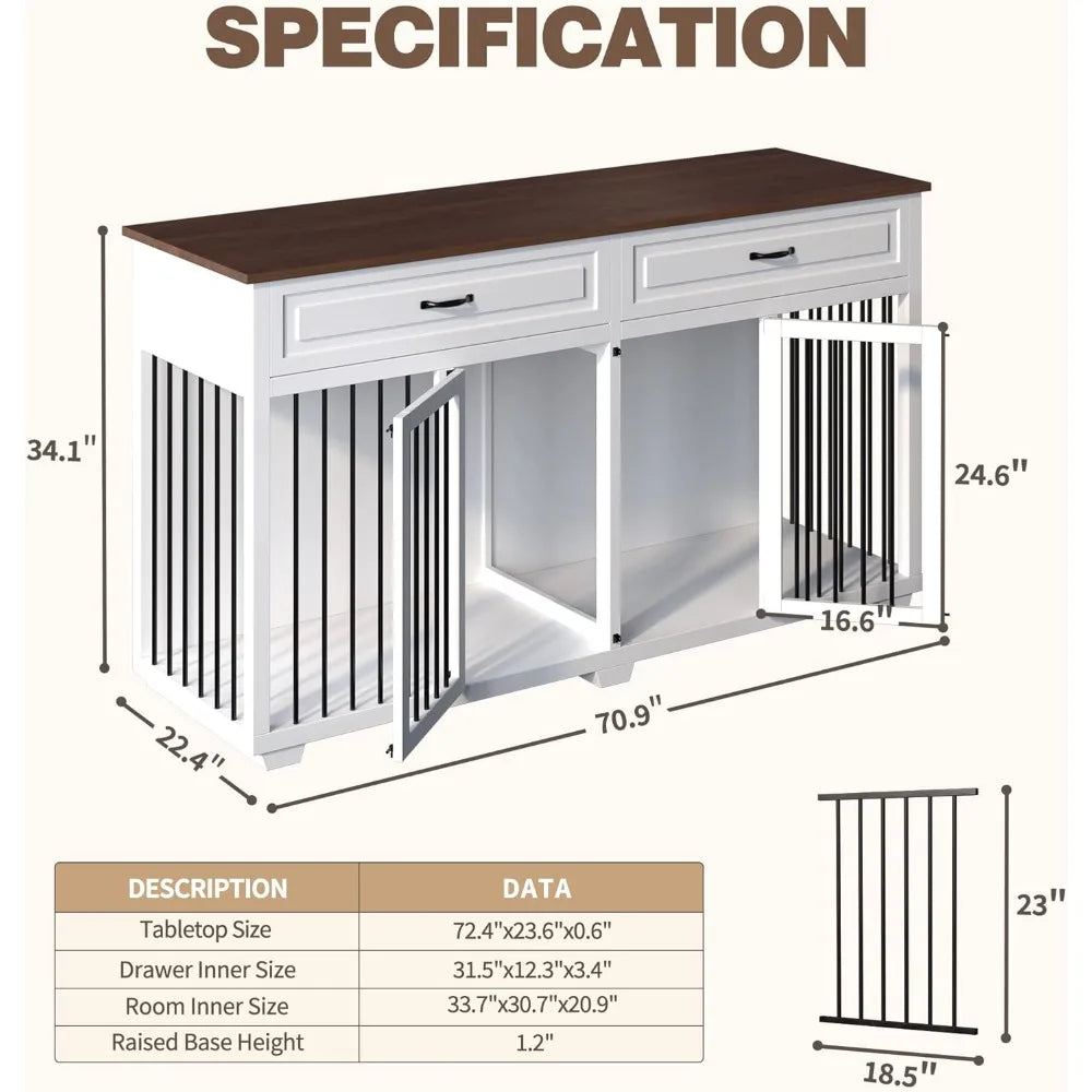 large dog crate furniture, 72.4" wooden dog crate kennel with 2 drawers and divider, xxl heavy duty dog crates cage furniture f