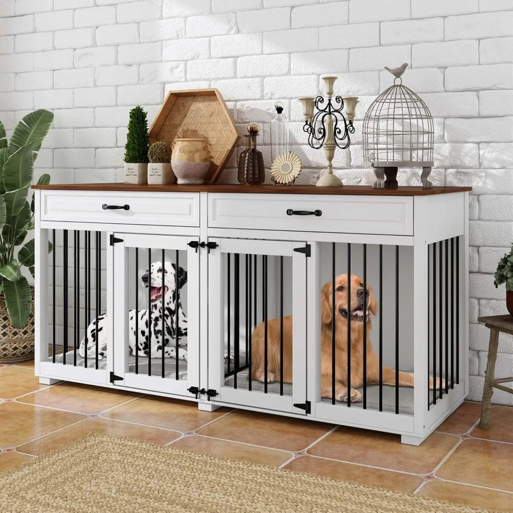 Furniture Dog Crate, Heavy Duty Wooden Cage Furniture, Indoor Dog Kennel with Drawers & Removable Divider, Luxury