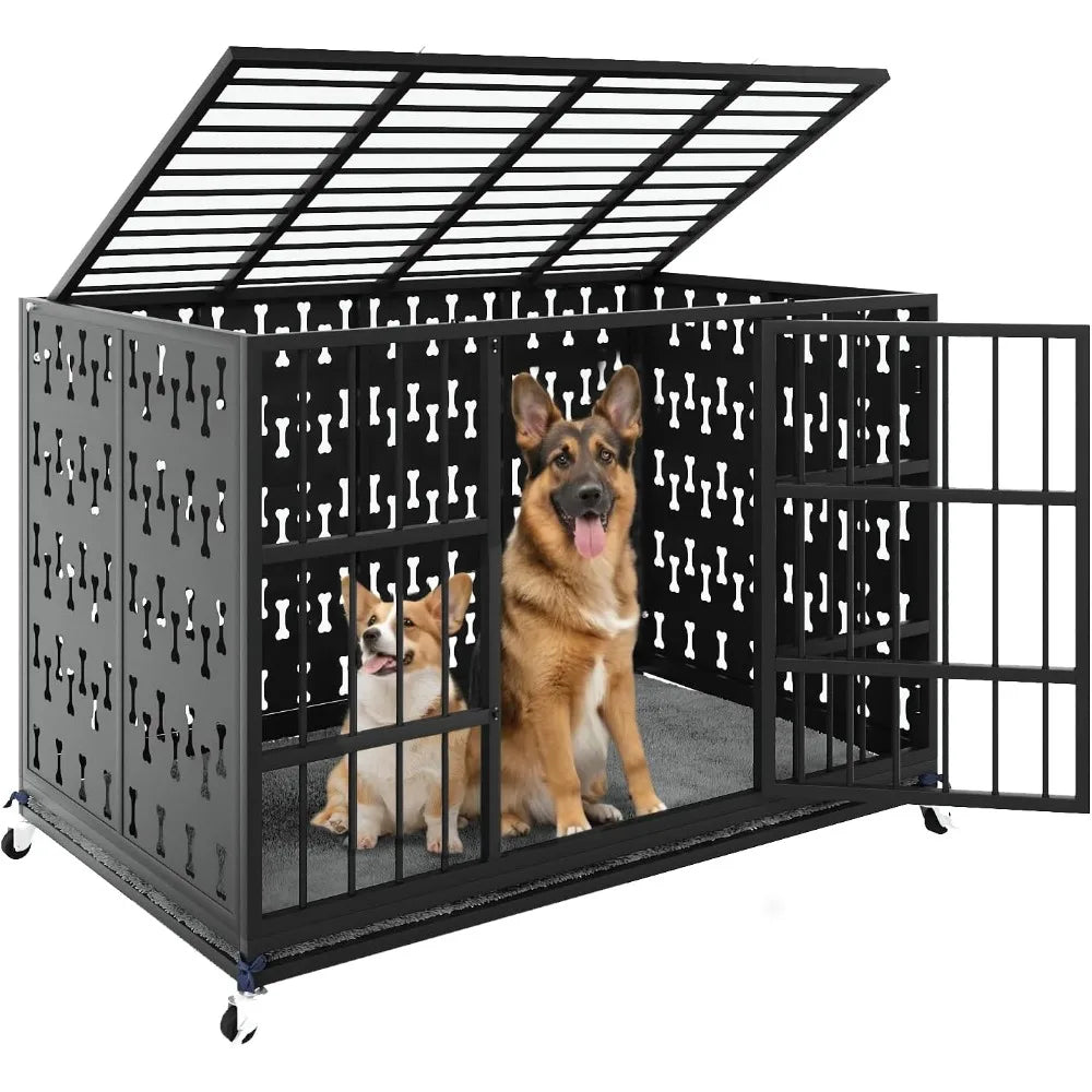 48/42 inch indestructible heavy duty dog crate with cushion, high anxiety extra large dog cage for large dogs, xl steel escape