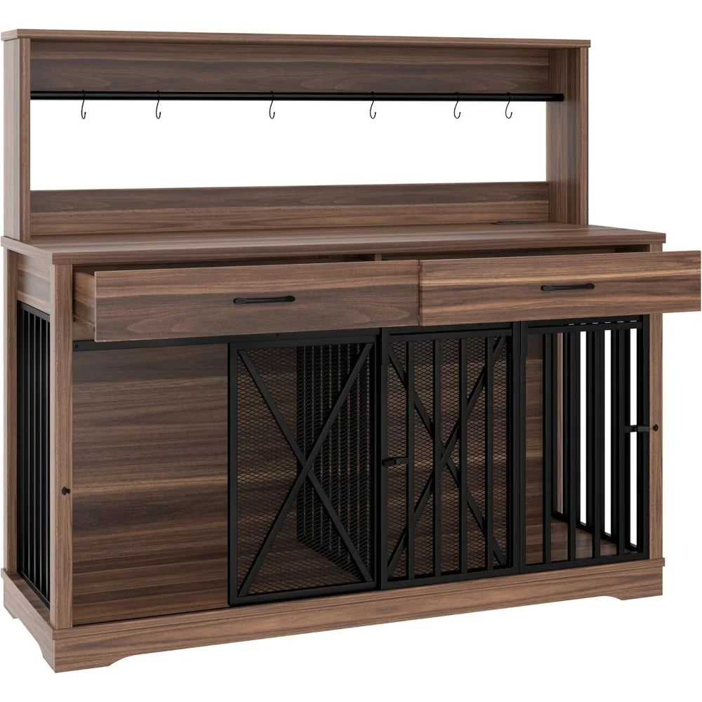 55.1" Dog Crate Furniture Heavy Duty Dog Cage with 2 Storage Drawers and Shelves TV Stand Side End Table Divider Locks