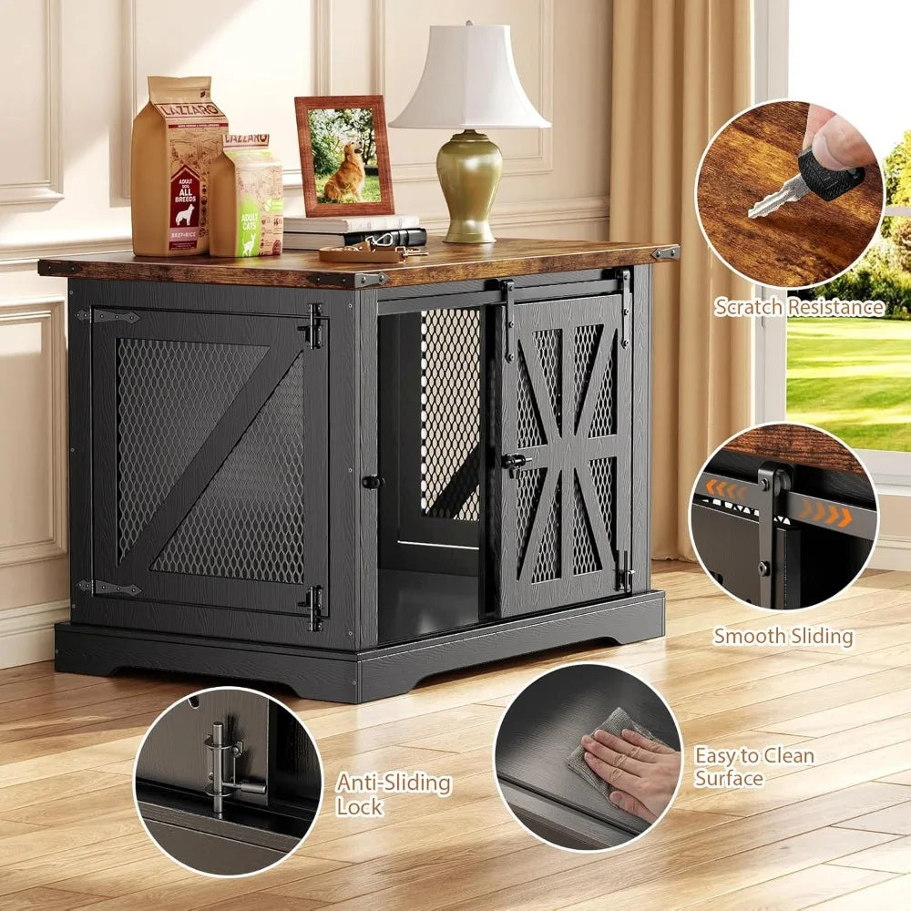 Farmhouse Large Dog Crate Furniture, Heavy Duty Dog Cage for Medium Large Dogs, XL Dog Crate Dog Kennel Indoor with Double Door