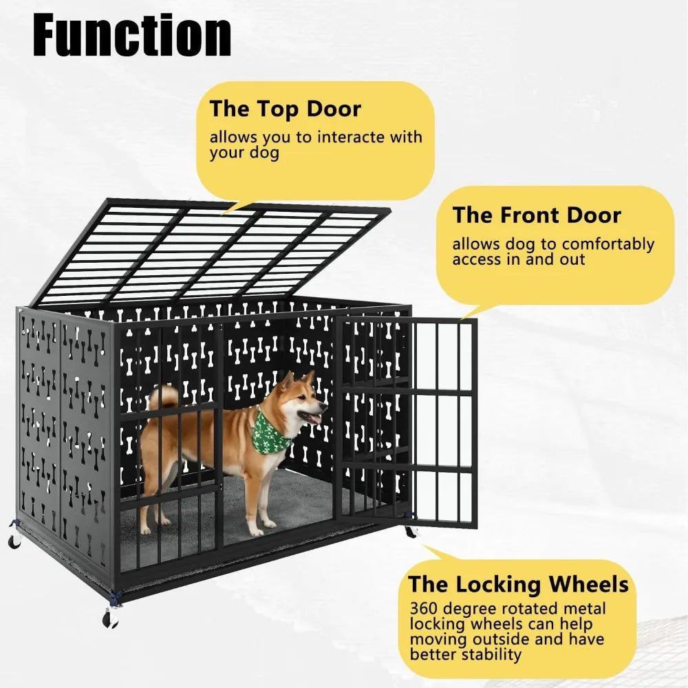 48/42 inch indestructible heavy duty dog crate with cushion, high anxiety extra large dog cage for large dogs, xl steel escape
