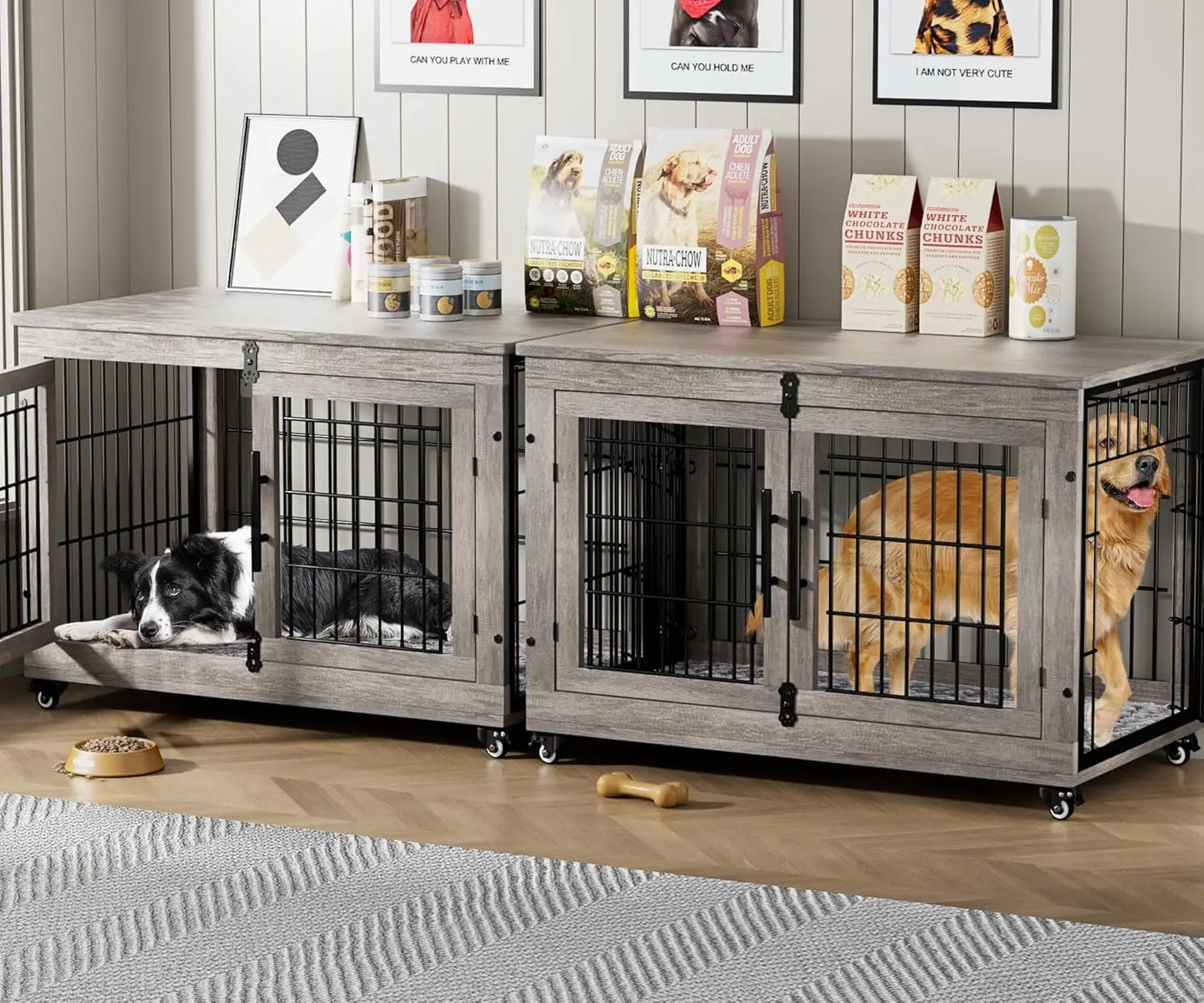 Dog Crate Furniture Set of 2, Dog Kennel Indoor Double Doors Wooden Dog Cage, 38'' Heavy Duty Crate with Cushion & Wheels