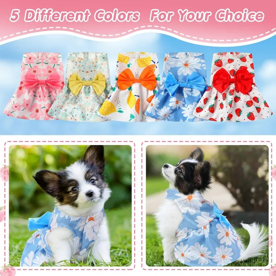 5 Pieces Floral Puppy Dresses for Female Dogs and Cats Cute Summer Outfits with Princess Bowknots Ideal for Yorkie and Small Br
