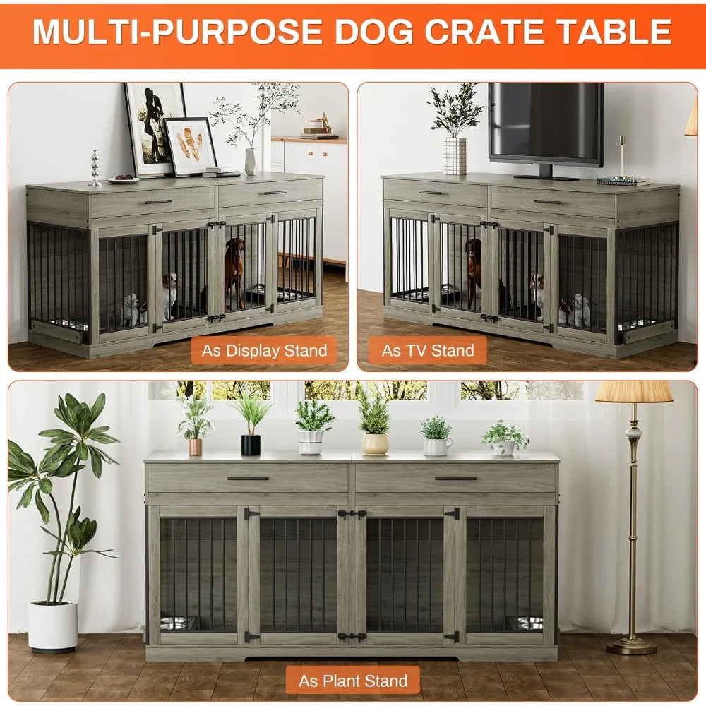 72" Dog Crate Furniture for 2 Dogs, Large Dog Kennel Furniture with 2 Storage Drawer and Removable Divider, Wooden Dog Cage