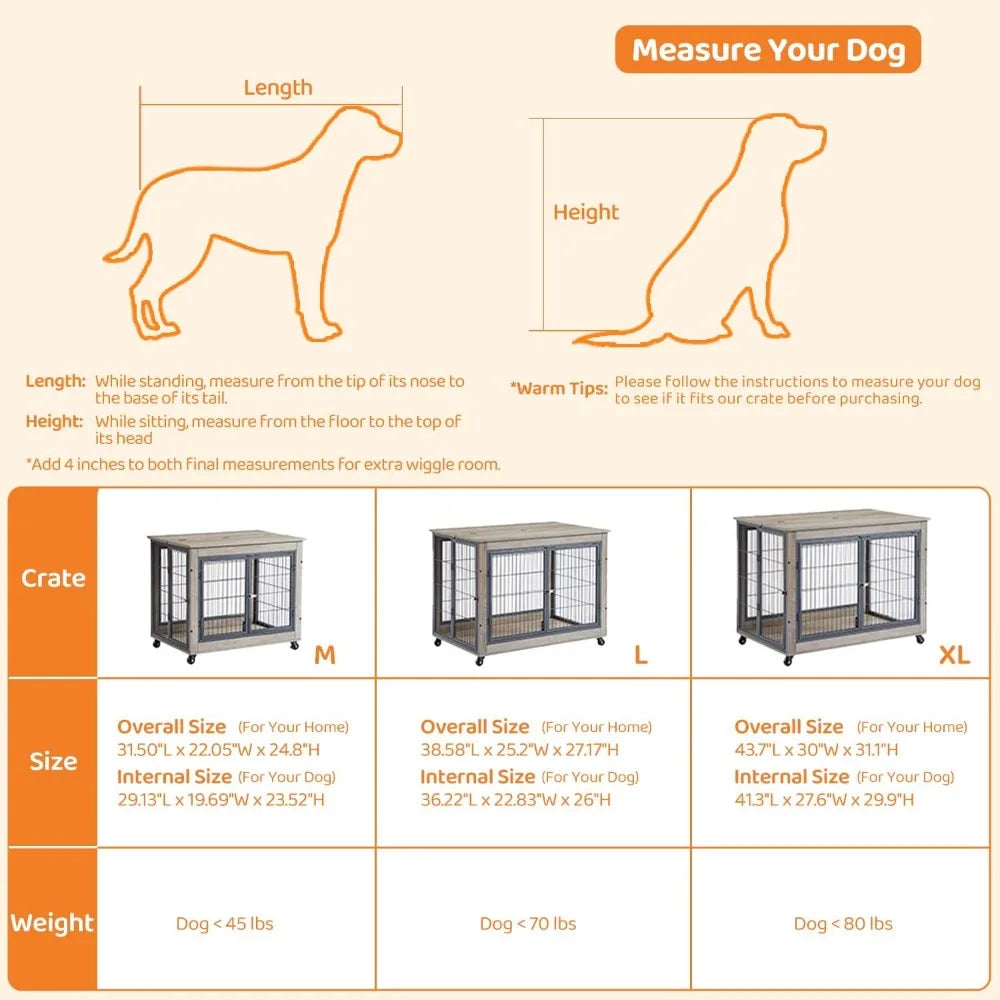 Dog Crate Furniture, Wooden Dog Crate Table, 43.7" Dog Kennel with 3 Doors, Flip-up Top Opening and Wheels, Decorative Pet Crat