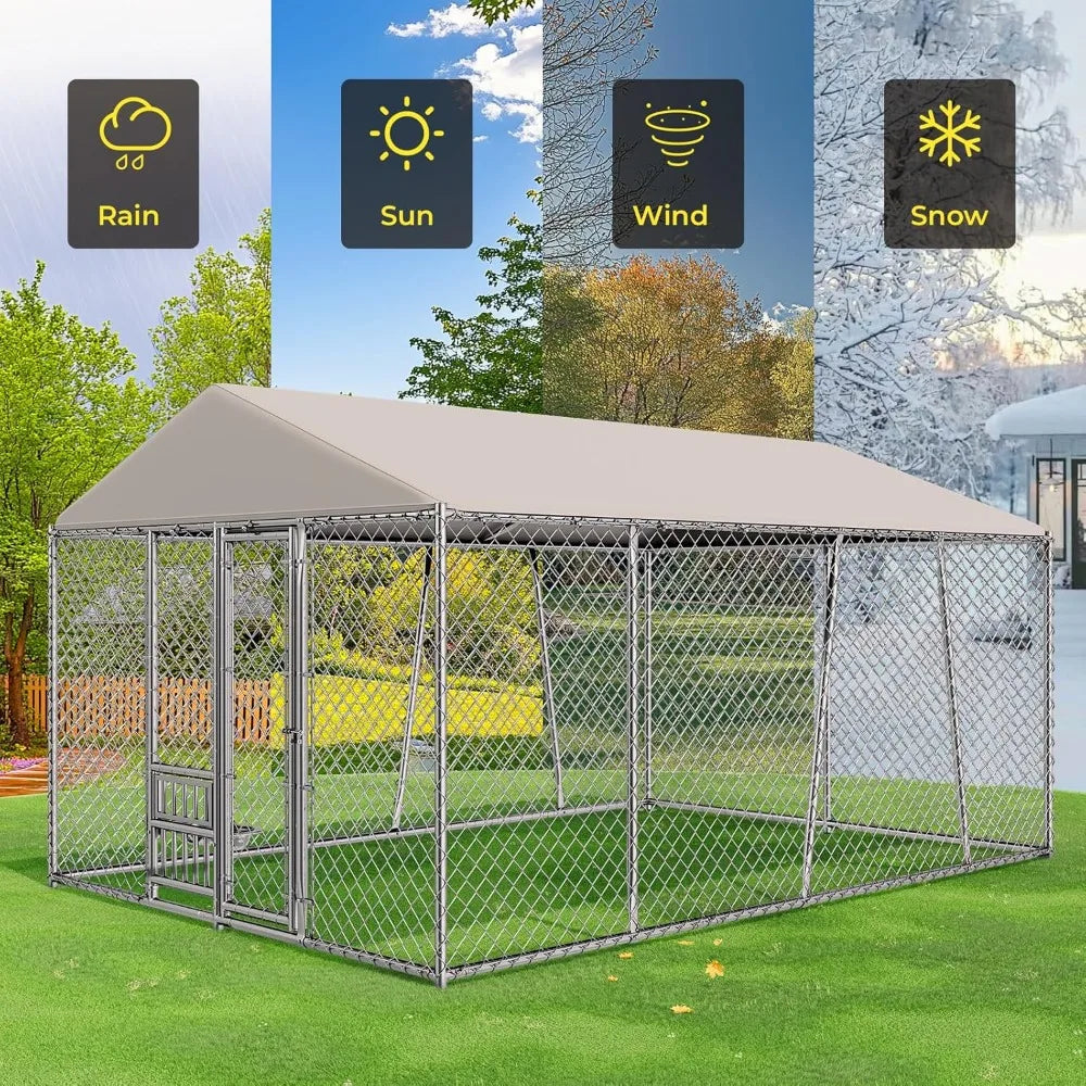 10 x 15FT Large Outdoor Dog Kennel with Bowls, Dog Kennel Outside with Waterproof Cover Roof, Galvanized
