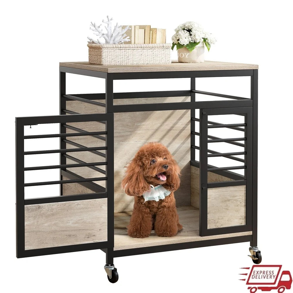 Wooden Dog Crate Furniture with Wheels Indoor Dog House Small Medium Dogs Durable Chew-Proof Design Easy Assembly