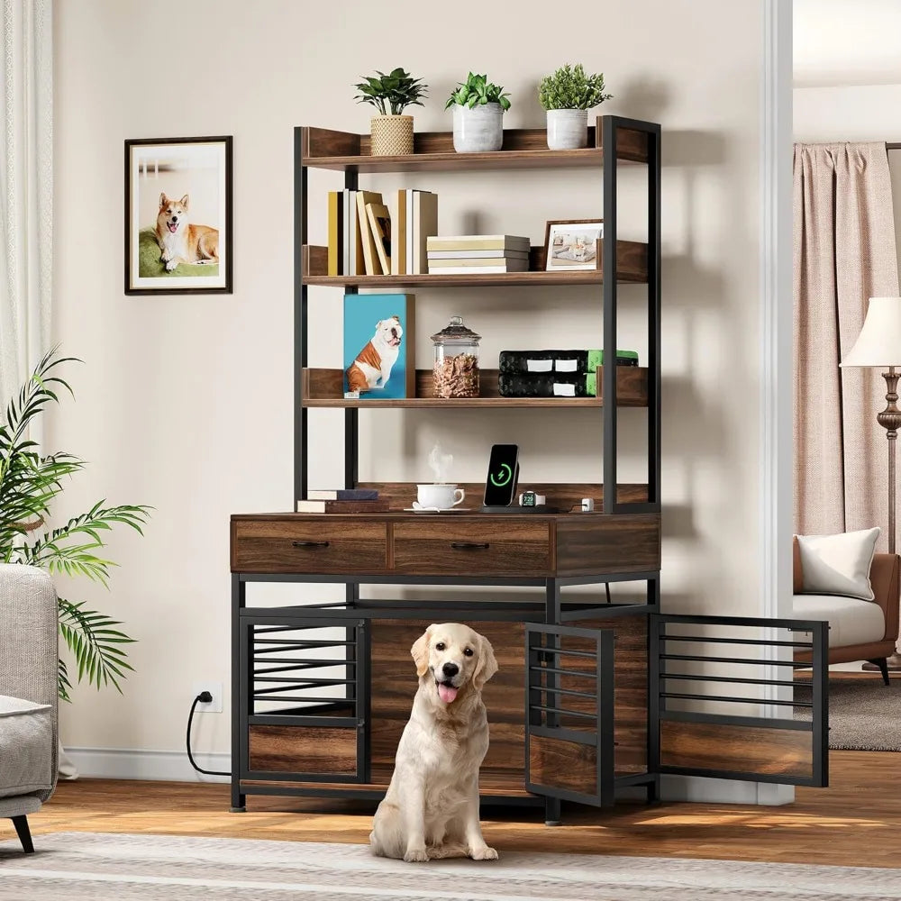 39" Dog Crate Furniture with Storage Shelves - Heavy Duty Kennel with Drawers, Charging Station & Double Doors, for Large Dogs