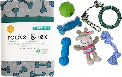 rocket & rex Dog Premium Chew Toy Set and Reusable and Washable Pet Pads for Small to Medium Breeds, Bundle and Save