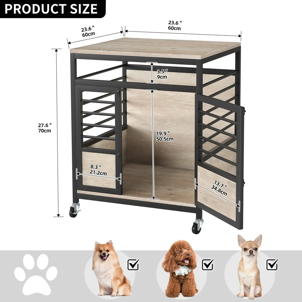 Wooden Dog Crate Furniture with Wheels Indoor Dog House Small Medium Dogs Durable Chew-Proof Design Easy Assembly
