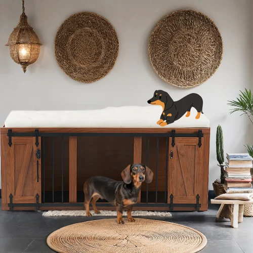 56 inch long, furniture style 2-in-1 dog box with cushioned seats, sliding barn door, luxurious wooden dog house, walnut wood