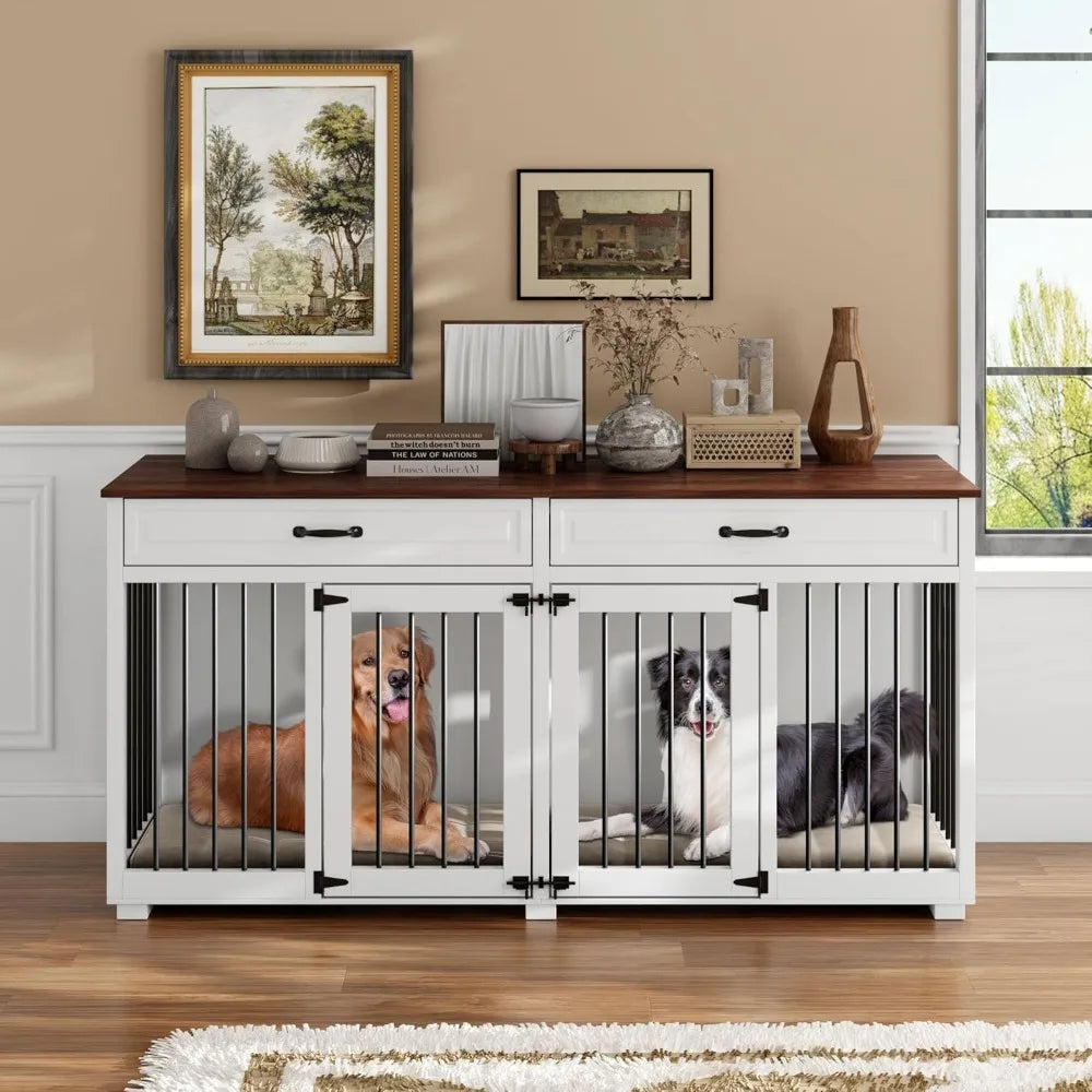 Furniture Dog Crate, Heavy Duty Wooden Cage Furniture, Indoor Dog Kennel with Drawers & Removable Divider, Luxury
