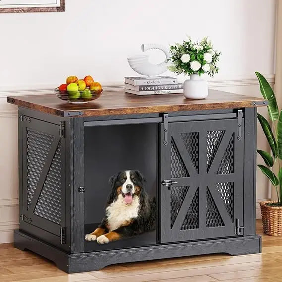 Farmhouse Large Dog Crate Furniture, Heavy Duty Dog Cage for Medium Large Dogs, XL Dog Crate Dog Kennel Indoor with Double Door