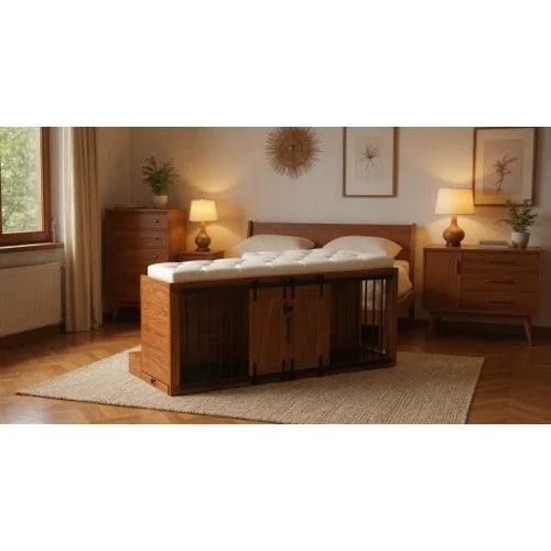 56 inch long, furniture style 2-in-1 dog box with cushioned seats, sliding barn door, luxurious wooden dog house, walnut wood