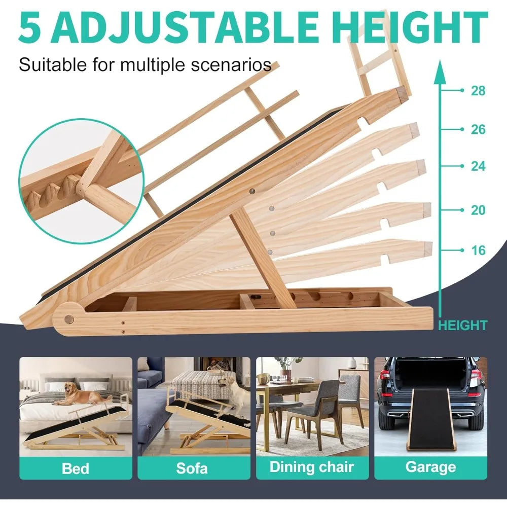 Dog Ramp, 5 Level Adjustable Height Folding Pet Ramp for High Bed, Portable Paw Ramps Large Bed Ramp for Medium & Large Old Dogs