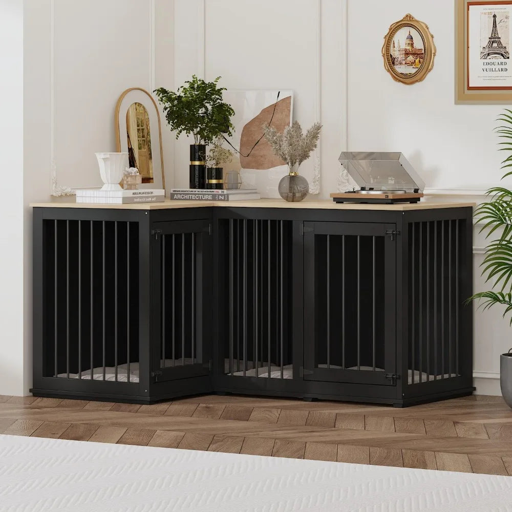 Corner Dog Crate Furniture for 2 Dogs, Indoor Wooden Furniture Style Heavy Duty Large Dog Kennel House with Double Rooms