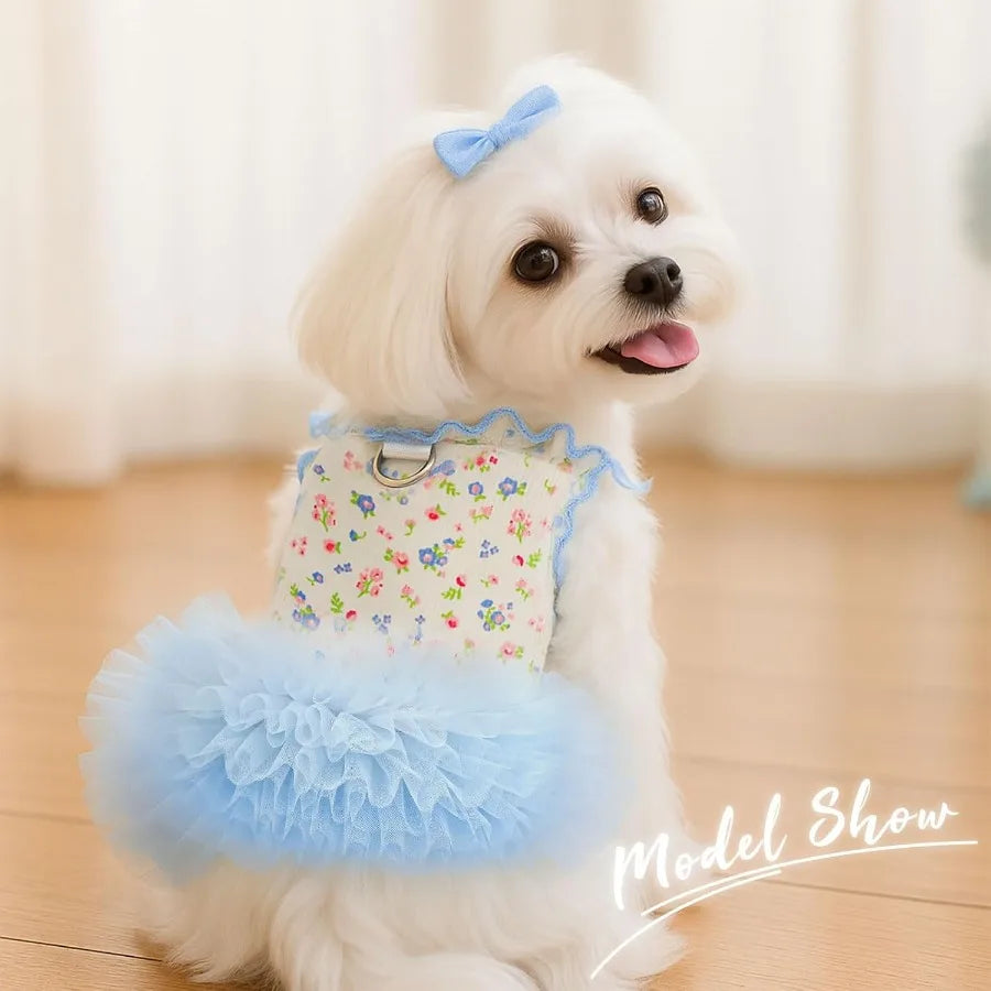 Floral Dog Cat Dress with Tutu Skirt Breathable Stretch Pet Clothes for Small Dogs Girl Cats Puppies Birthday Party Outfit in B