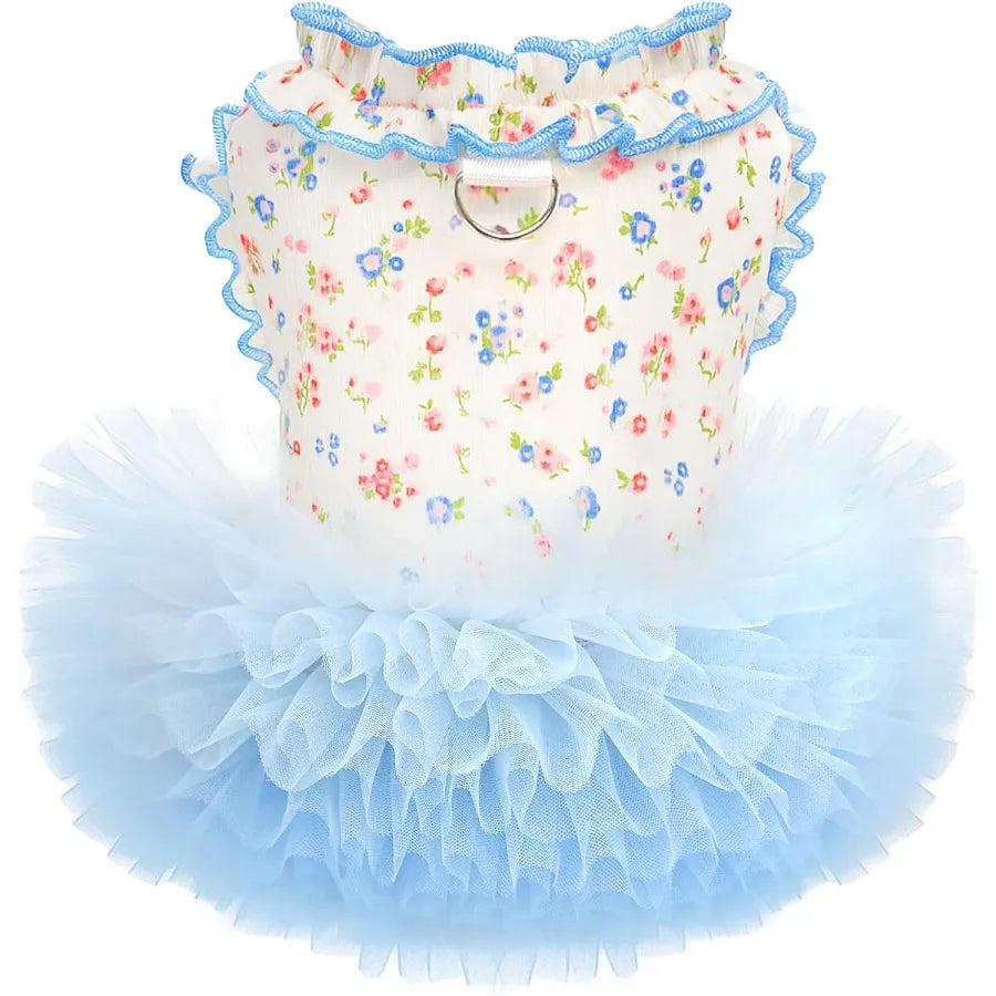 Floral Dog Cat Dress with Tutu Skirt Breathable Stretch Pet Clothes for Small Dogs Girl Cats Puppies Birthday Party Outfit in B