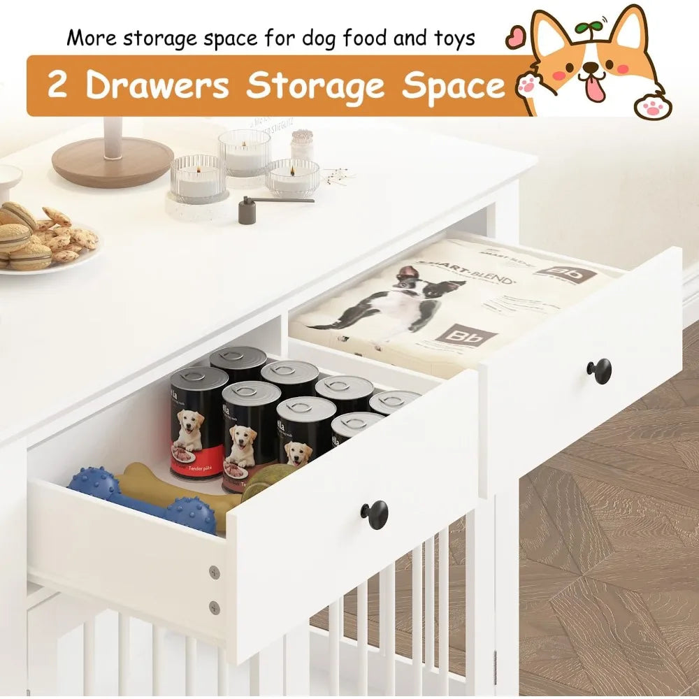 Masterpiece Dog Crate Furniture, 44 Inch Wooden Dog Kennel Indoor With 2 Storage Drawers, Heavy Duty Large Crate Furniture, Dec