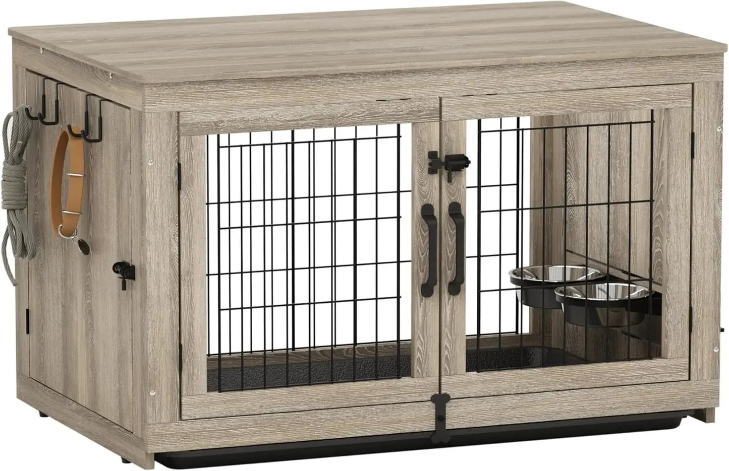 Wooden Dog Crate Furniture with 360°Rotatable Removable Dogs Bowls, Dogs Crate with Tray, Double Doors Doges Kennels for Dog