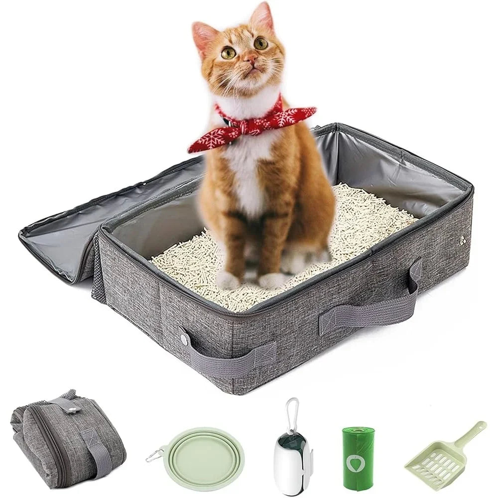 Portable Cat Litter Box Travel Easy Cleaning Foldable Leak-Proof Odor Control Covered Design with Lid Scoop Bowl Bags