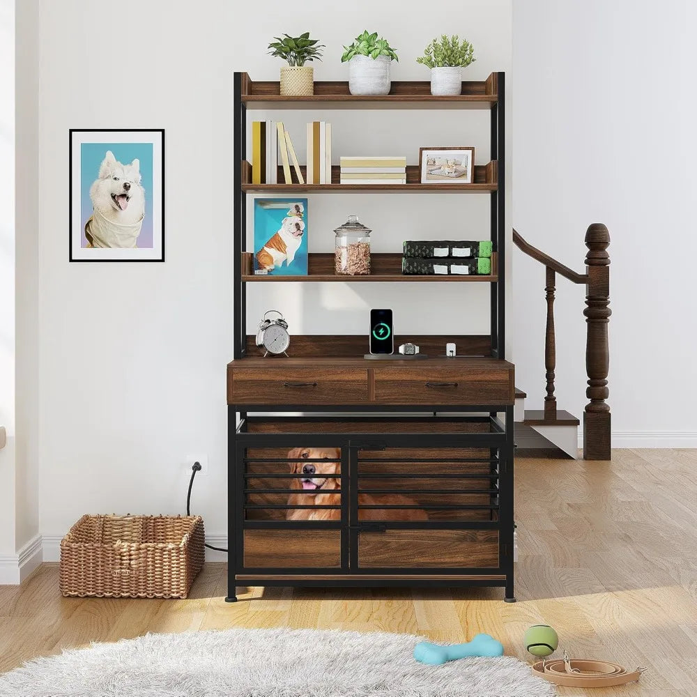 39" Dog Crate Furniture with Storage Shelves - Heavy Duty Kennel with Drawers, Charging Station & Double Doors, for Large Dogs