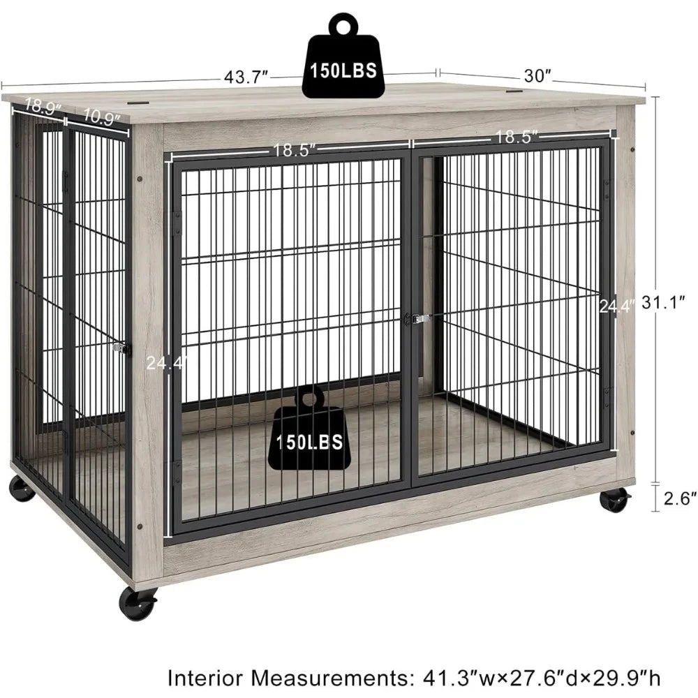 Dog Crate Furniture, Wooden Dog Crate Table, 43.7" Dog Kennel with 3 Doors, Flip-up Top Opening and Wheels, Decorative Pet Crat