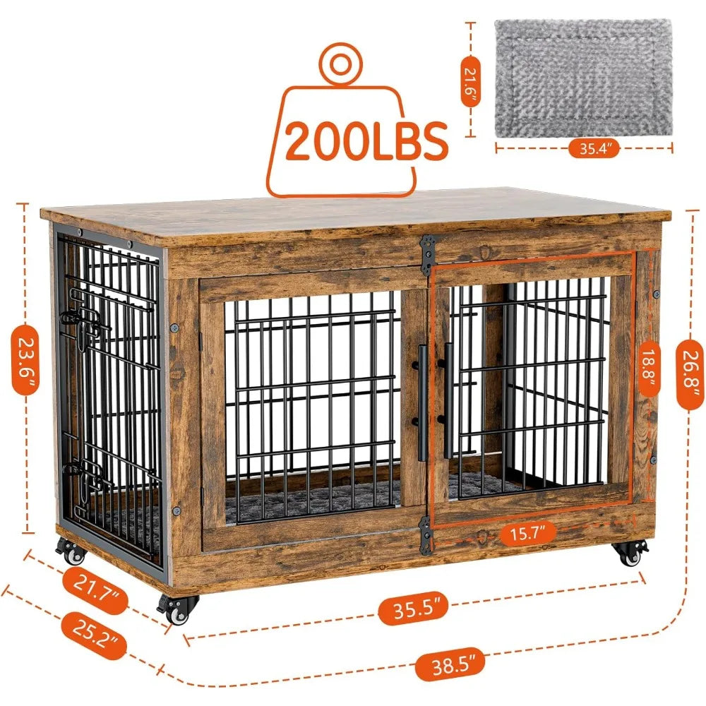 Dog Crate Furniture Set of 2, Dog Kennel Indoor Double Doors Wooden Dog Cage, 38'' Heavy Duty Crate with Cushion & Wheels