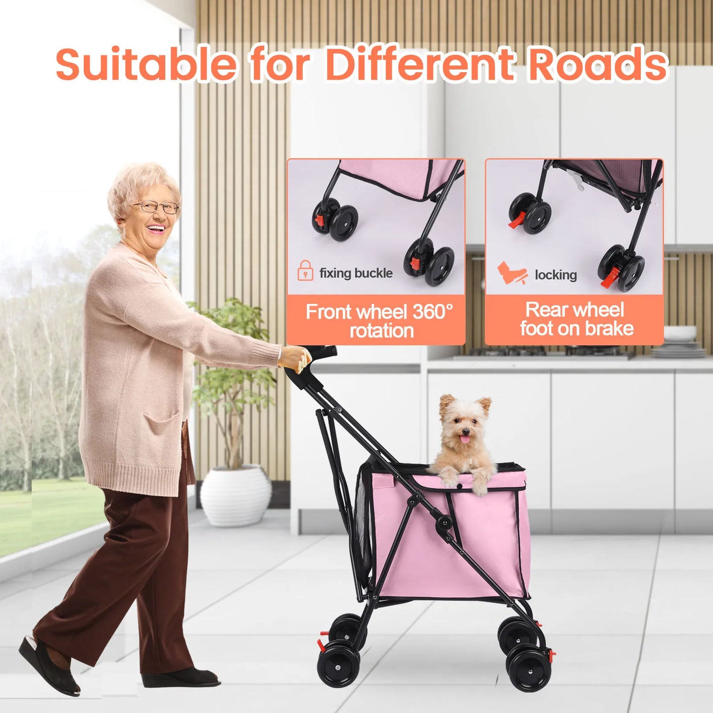 33lbs 4 Wheels Dog Stroller Rotate Pink Pet Puppy Stroller Holder for Dogs Cat Travel Hand Cart Folding Shopping Trolley