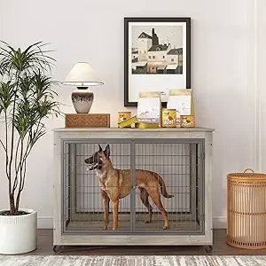 Dog Crate Furniture, Wooden Dog Crate Table, 43.7" Dog Kennel with 3 Doors, Flip-up Top Opening and Wheels, Decorative Pet Crat